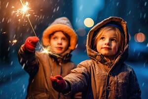 Festive Winter Fun - Kids Celebrating with Sparklers - Generative AI photo