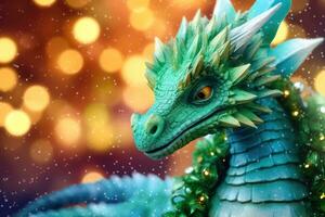 Festive Bokeh Background with Cute 2024 Dragon Toy - Generative AI photo