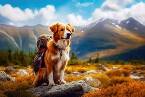 viaje compañero - linda perro con mochila toma en montaña aventuras - generativo ai foto