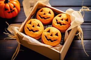 Smiling Pumpkin Treats for Halloween Delights - Generative AI photo