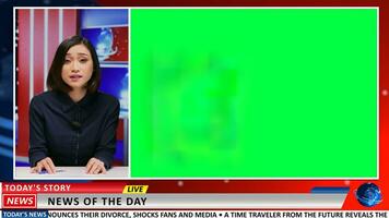 Broadcaster does report with greenscreen on live television show, presenting breaking news and latest events. News presenter covering international topics using blank chromakey copyspace. photo