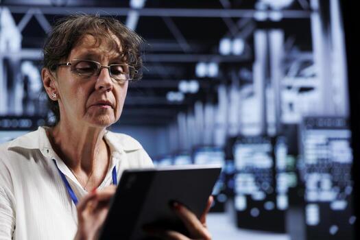 Elderly IT programmer using tablet to assess server cybersecurity dangers arising due to unsecured network connections. Supervisor ensuring high tech facility is impenetrable by ddos attacks photo