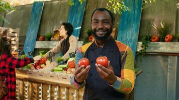 African american farmer presenting fresh eco produce and talking to customers at farmers market. Marketplace outside with locally grown organic fruits and vegetables, market stall holder. photo