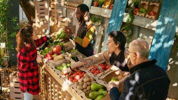 Small business owner selling natural organic produce box to woman, fresh bio products. Farmers helping consumers with homegrown healthy fruits and veggies at farmers market stand. photo