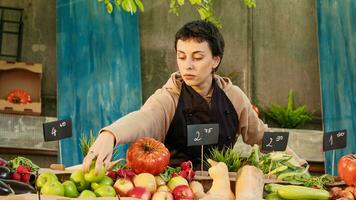 Woman stand holder wearing apron running farmers market counter photo