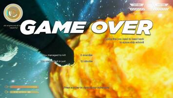 Gamer receiving game over screen, getting his spaceship destroyed in huge explosion while flying in galaxy and fighting enemies. Player losing science fiction spacecraft singleplayer videogame photo