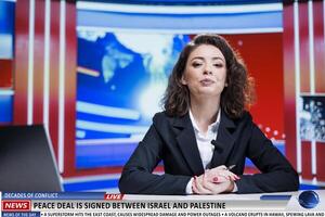 While reading headlines about ongoing war, journalist confirmed that israel and palestine signed peace accord. Live broadcast on nations that had been in conflict for years until agreeing on truce. photo