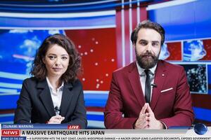 Reporters team give tsunami warning on live broadcast, talking about huge earthquake making victims in japan. Morning show hosts revealing natural calamity on island, creating madness. photo