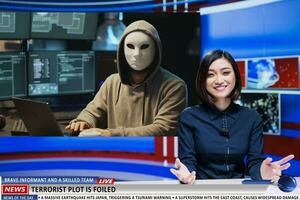 News anchor talks about cyber security, IT specialists solving terrorist malware attack before stealing official government information. Woman journalist covers important daily news topics. photo