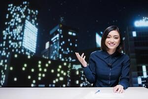 TV show host going live on transmission to create content for global television program, using headlines exclusive from media outlets. Journalist presenter hosting breaking news segment. photo