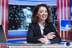 Presenter of night show covers latest news while providing television program content about progress of artificial intelligence and technology industry. Machine learning insights used by newscasters. photo