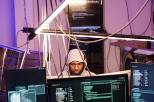 Hacker in headphones programming malware on multiple computer monitors with illegal code on screen. African american man in hood breaking into database and hacking network system photo