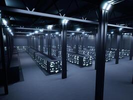 Digital render farm with racks and lights, AI disruptive technology. Big data server room with network connection and global tech storage, internet of things. 3d render animation. photo