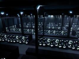 AI big data server room with racks used for global neural network and hardware information, cloud computing database center. Modern supercomputer and lights flickering. 3d render animation. photo