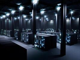 Futuristic data center with server racks and neural network connection database, cloud computing concept. Supercomputer render farm server room with database storage. 3d render animation. photo