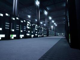 Modern server room with online storage and multiple racks, digital hardware infrastructure and neural network. Big data center used for cloud computing and AI revolution. 3d render animation. photo