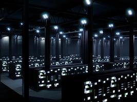 moderno base de datos centrar con servidores en bastidores, eso espacio usado para global supercomputadora almacenamiento. servidor habitación con luces parpadeando, nube informática y neural red. 3d hacer animación. foto