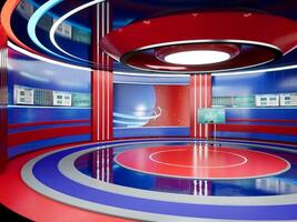 News studio with display and television stage used to broadcast breaking news on international tv channel. News room set to broadcast on screen with graphic package. 3d render animation. photo