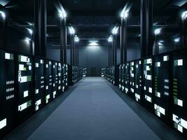 Database servers in render farm with flickering lights for neural network, hardware information and cloud computing storage. Data center with artificial intelligence. 3d render animation. photo