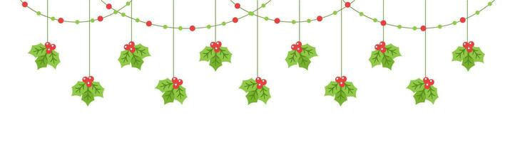 Merry Christmas Border Banner, Hanging Mistletoe Garland. Winter Holiday Season Header Decoration. Vector illustration.