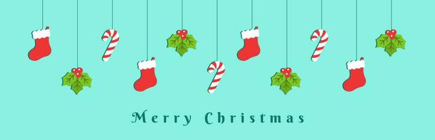 Merry Christmas Blue Border Banner, Hanging Stocking, Mistletoe and Candy Cane Garland. Winter Holiday Season Header Decoration. Web Banner Template. Vector illustration.