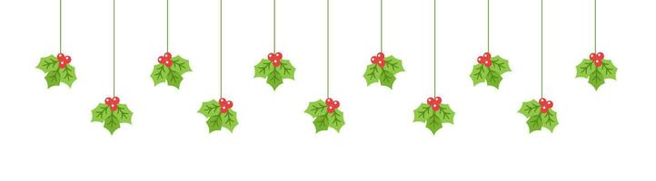 Merry Christmas Border Banner, Hanging Mistletoe Garland. Winter Holiday Season Header Decoration. Vector illustration.