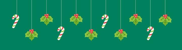 Merry Christmas Border Banner, Hanging Stocking, Mistletoe and Candy Cane Garland. Winter Holiday Season Header Decoration. Web Banner Template. Vector illustration.