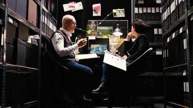 Partners review surveillance photos and classified case information, reading documents to connect the dots. Team of detectives evaluating forensic evidence authenticity, crime discovery.