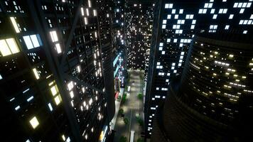 moderno rascacielos con brillante luces a noche, futurista ciudad con céntrico calles y oficina edificios urbano metrópoli negocio distrito y paisaje. 3d hacer animación. foto