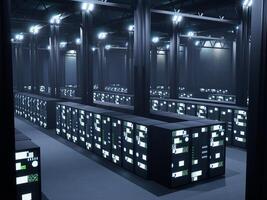 Information storage data center with servers racks, corridor with disruptive technology and hardware database. Lights flashing in modern server room, tech system. 3d render animation. photo