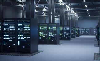 Server farm providing computational resources needed for artificial intelligence to process datasets for training. Supercomputers storing data used for machine learning, 3D render animation photo