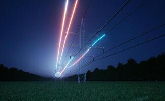 Electricity generated by power plants delivered to customers through transmission and distribution electric grid. Visualization of energy flowing in electrical tower cables over night sky, 3D render photo