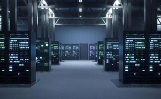 Empty data center housing thousands of blade servers, storage devices and networking infrastructure. Mainframes providing large amounts of computing power, 3D render animation photo