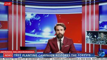 Journalist presents environment campaign to plant trees and protect forests, covering news about nature preservation on live television. Media news anchor discussing world events. photo