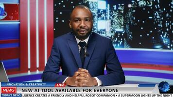 Man talk show host discuss modern events, presenting news of artificial intelligence tool development as late night program content. African american newscaster works on global communications. photo