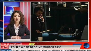 Breaking news in solving police murder case police, journalist covers details about criminal investigations conducted by detectives. Woman newscaster ensuring safety of population. photo