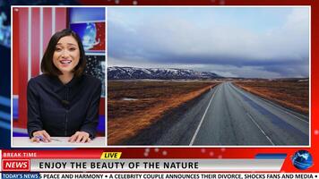 Asian presenter shows beautiful landscapes, advertising natural icelandic glaciers in new goegraphic reportage. Journalist broadcasting live arctic footage of amazing scenery on live tv. photo