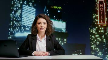 Woman presenter hosting night talk show in newsroom, covering all daily headlines for entertainment. TV broadcaster talking about media reportage live on television, presenting breaking news. photo