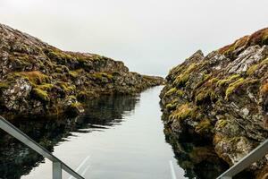 agua corriente en islandés nacional parque con nórdico vegetación y increíble paisajes, thingvellir frío escenario. escénico ruta en Islandia campo con claro río, Turismo destino. foto