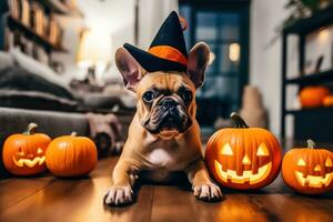 Víspera de Todos los Santos perro disfraz - bruja sombrero y calabaza linterna - generativo ai foto