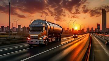 industrial transporte - petrolero camión en el autopista a oscuridad - generativo ai foto
