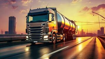 Freight Transport - Tanker Truck on the Road during Sunset - Generative AI photo