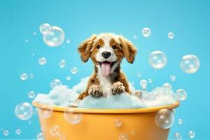 Adorable Puppy's Bubble Bath Adventure - Generative AI photo