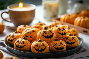Smiling Pumpkin-Shaped Halloween Cookies - Generative AI photo