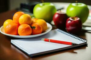 nutritivo frutas con cuaderno - generativo ai foto