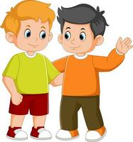 Cartoon funny two little boys hugging vector