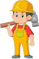 dibujos animados construcción trabajador que lleva un grande martillo vector