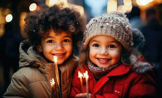 niños' invierno celebracion - bengalas y sonrisas - generativo ai foto