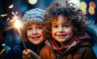 Winter Wonderland Delight - Children and Sparklers - Generative AI photo