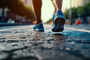 determinado atleta - corriendo en cómodo Deportes Zapatos en un mojado la carretera - generativo ai foto